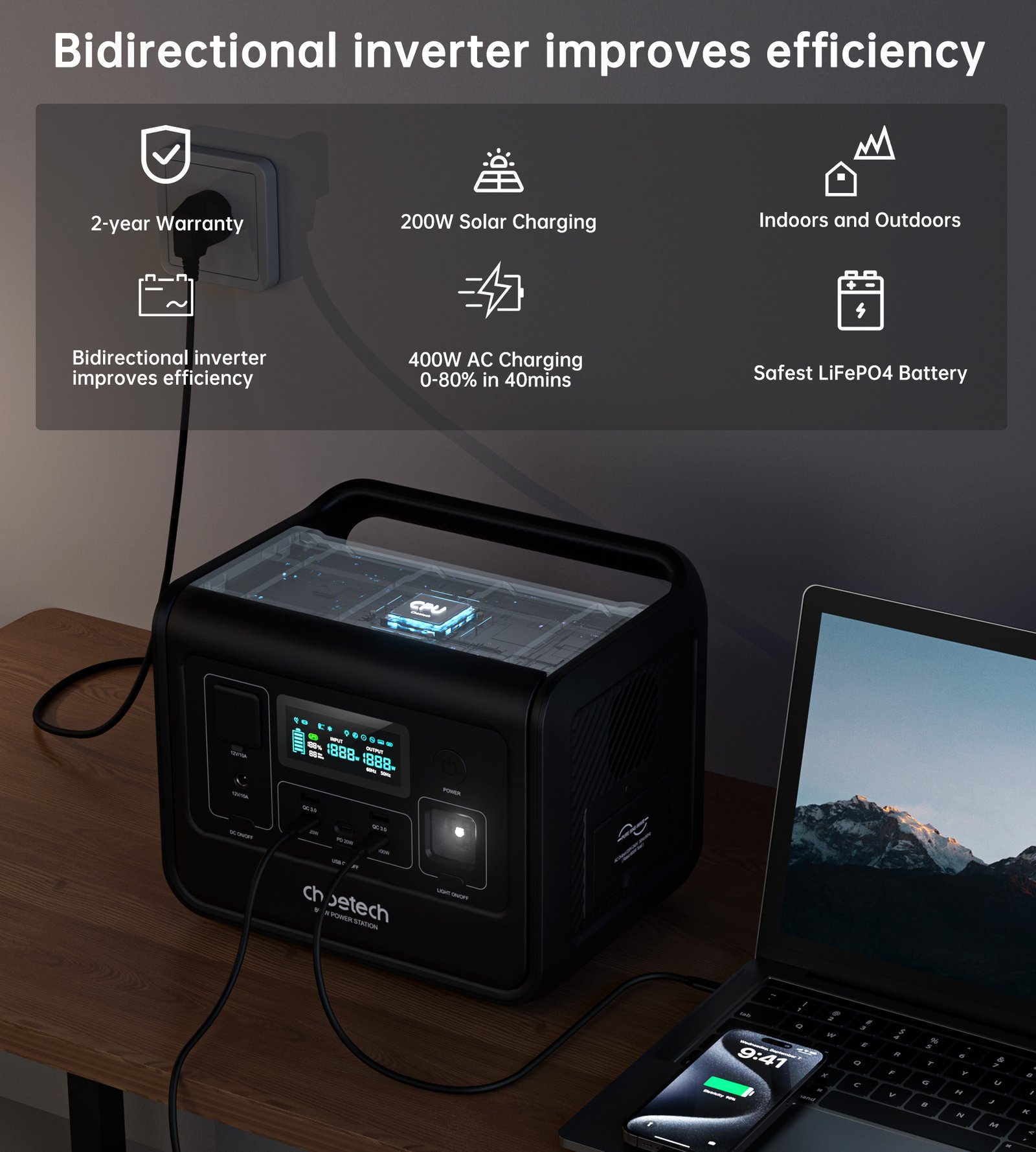 Choetech BS060 nešiojama energijos stotelė – 800 W / 512 Wh, LiFePO₄, 13 išėjimų - Image 4